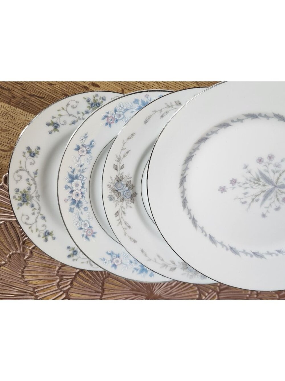Mismatched ~6.25" Cake Plates Blues Fine China Dessert Bread Silver Edges
